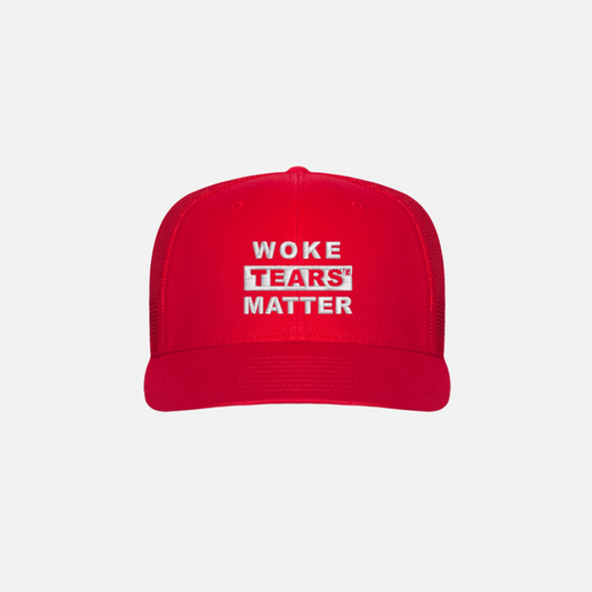 Flexfit® 6-Panel Trucker Cap - Red - Funny Trumps Mean in white